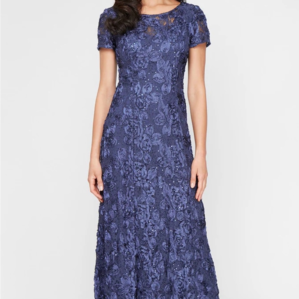 Alex Evenings Navy Rosette Lace Gown
